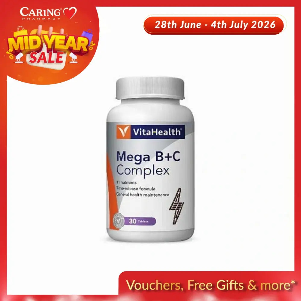 VitaHealth Mega B+C Complex supplement bottle with 30 tablets for general health maintenance