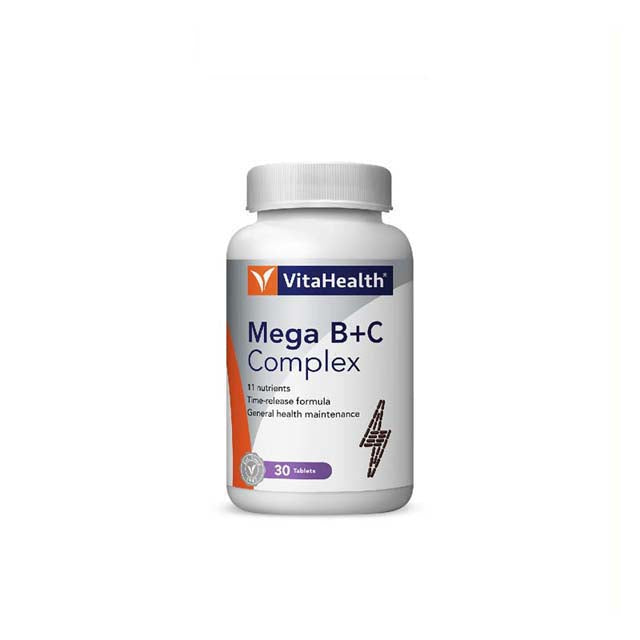 VitaHealth Mega B+C Complex supplement bottle with 30 tablets for general health maintenance