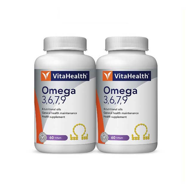 VitaHealth Omega 3-6-7-9 supplement bottles with 60 softgels each for overall health support
