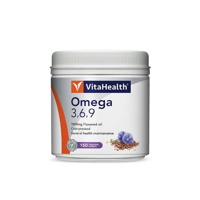 VitaHealth Omega 3-6-9 capsules in a white container for general health maintenance