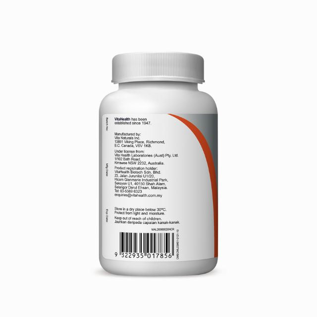 VitaHealth Omega 3-6-9 supplement bottle showcasing label details and usage instructions