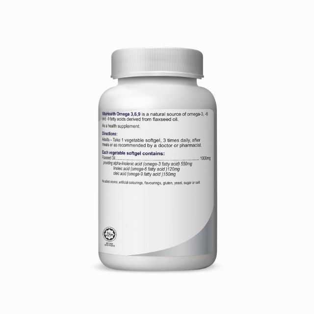 VitaHealth Omega 3-6-9 supplement bottle with detailed information on the back label