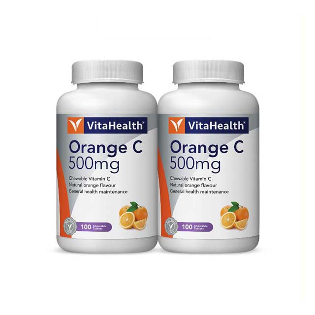 VitaHealth Orange C 500mg chewable tablets in two bottles for immune support and general health maintenance