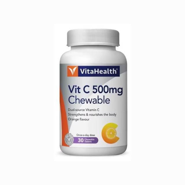 VitaHealth Orange C 500mg chewable tablets in a bottle, offering dual-source Vitamin C for daily nourishment