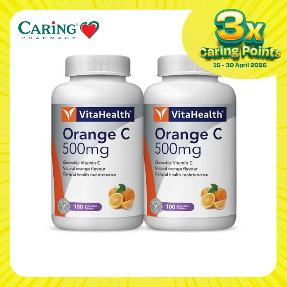 VitaHealth Orange C 500mg chewable tablets in two bottles for immune support and general health maintenance