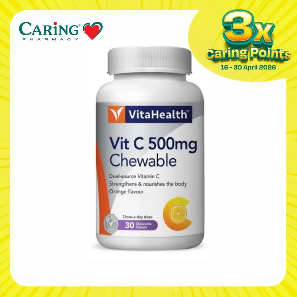 VitaHealth Orange C 500mg chewable tablets in a bottle, offering dual-source Vitamin C for daily nourishment