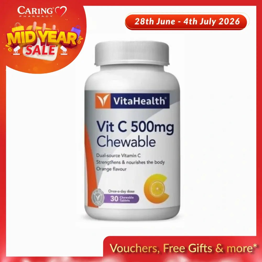 VitaHealth Orange C 500mg chewable tablets in a bottle, offering dual-source Vitamin C for daily nourishment