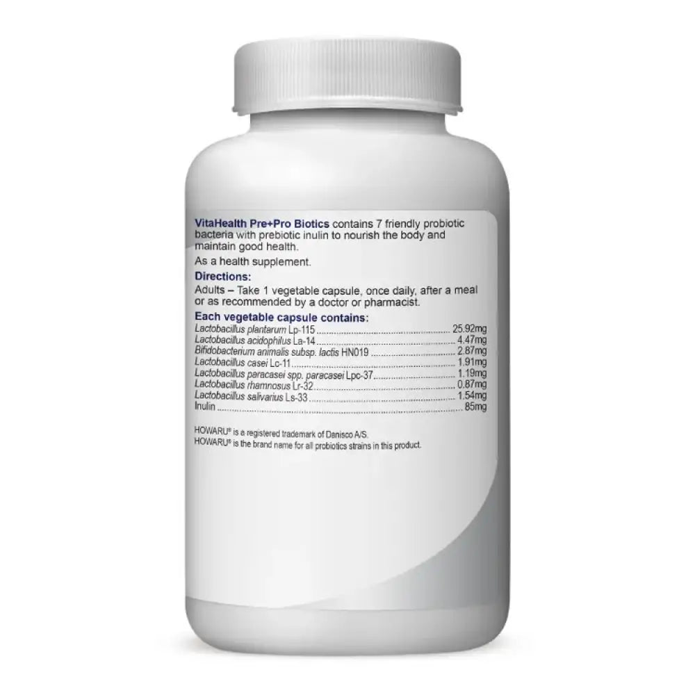 White VITA supplement bottle showing back label and nutrition facts with VitaHealth pre and probiotics capsules 60s visible