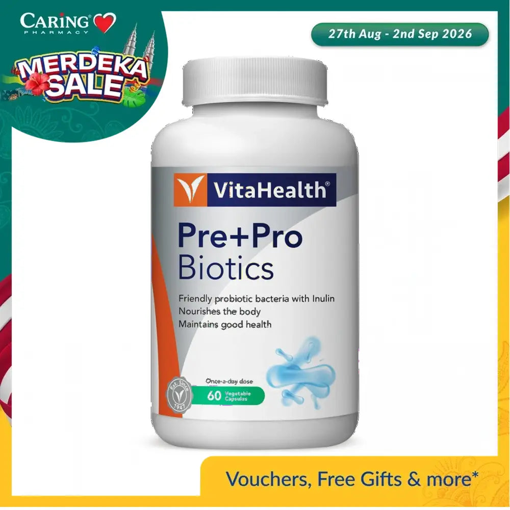 VitaHealth pre and probiotics capsules 60s white bottle of Pre Pro Biotics vegetable capsules for daily digestive support