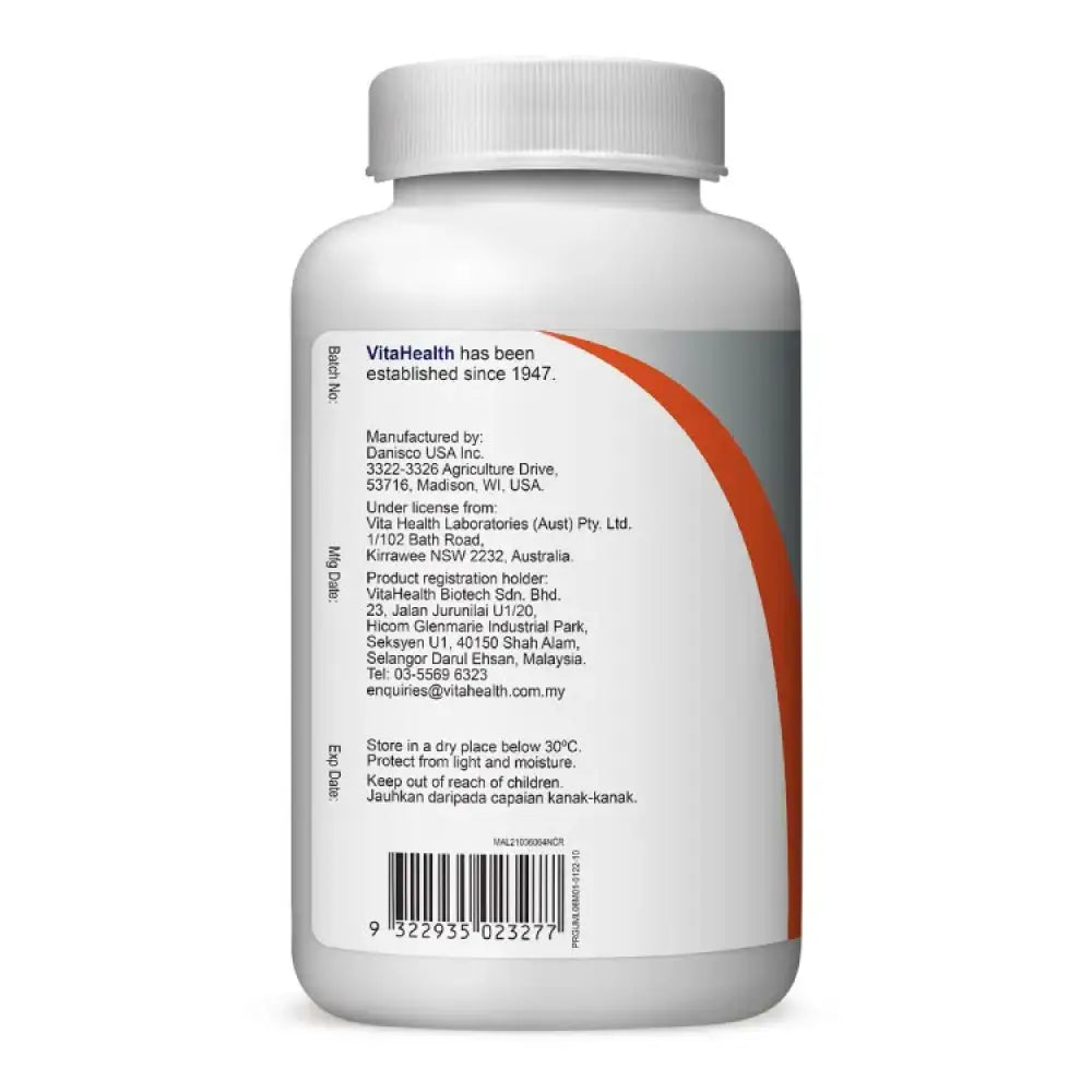 Back of white supplement bottle showing label text barcode and orange swoosh VitaHealth pre and probiotics capsules 60s.