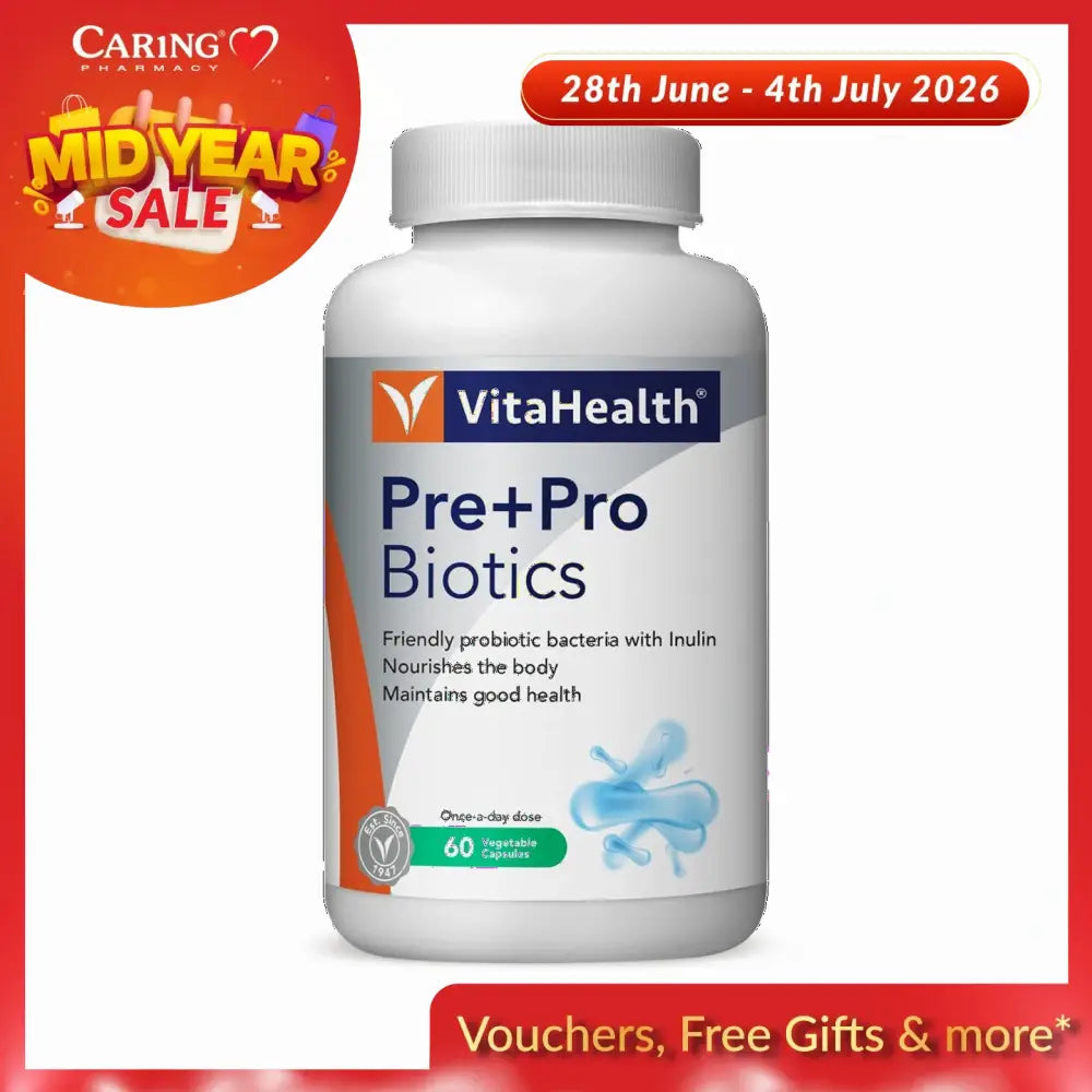 VitaHealth pre and probiotics capsules 60s white bottle of Pre Pro Biotics vegetable capsules for daily digestive support