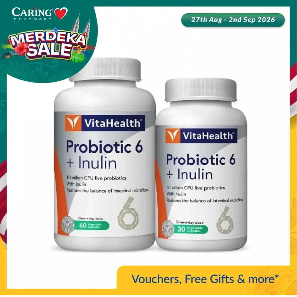 VitaHealth Probiotic 6 with Inulin supplement bottles showcasing live probiotics and intestinal health benefits
