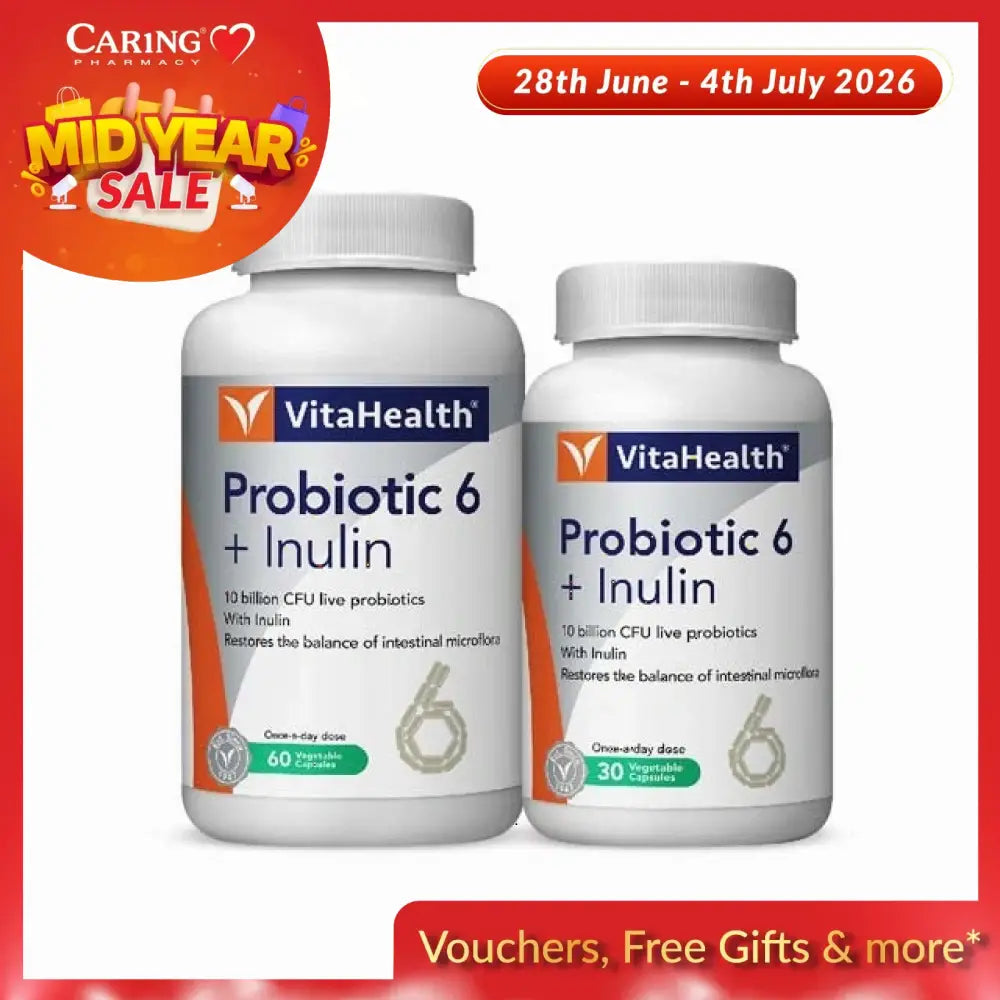VitaHealth Probiotic 6 with Inulin supplement bottles showcasing live probiotics and intestinal health benefits