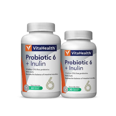 VitaHealth Probiotic 6 with Inulin supplement bottles showcasing live probiotics and intestinal health benefits