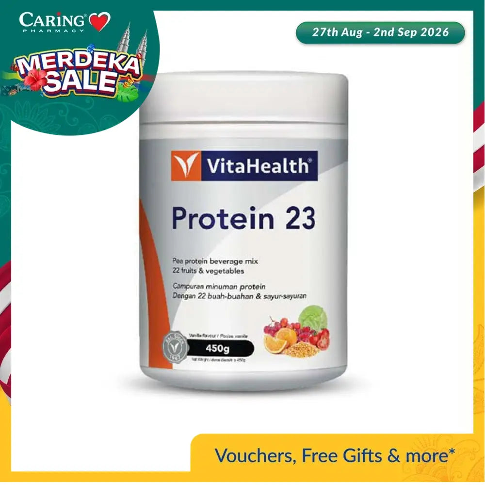 VitaHealth Protein 23 powder in a 450g container with mix of 22 fruits and vegetables