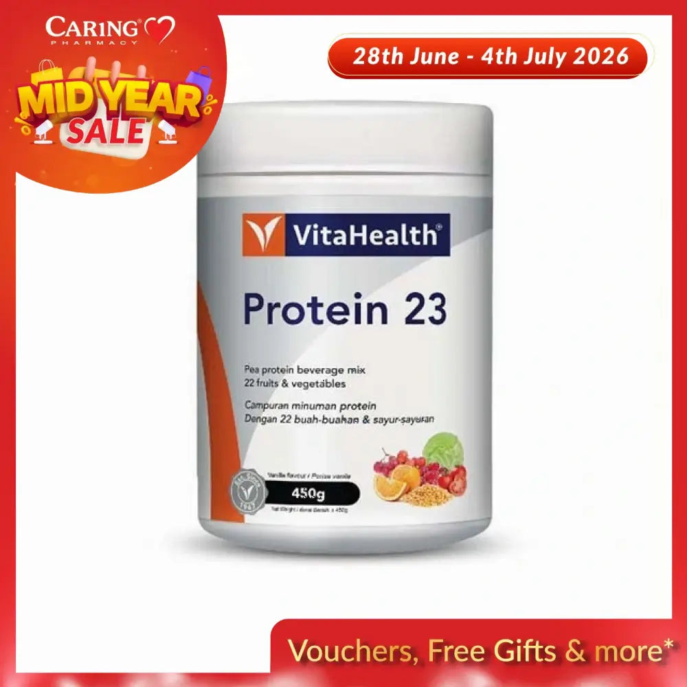 VitaHealth Protein 23 powder in a 450g container with mix of 22 fruits and vegetables
