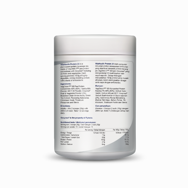 VitaHealth Protein 23 powder jar showing nutritional information and ingredients for fitness enthusiasts