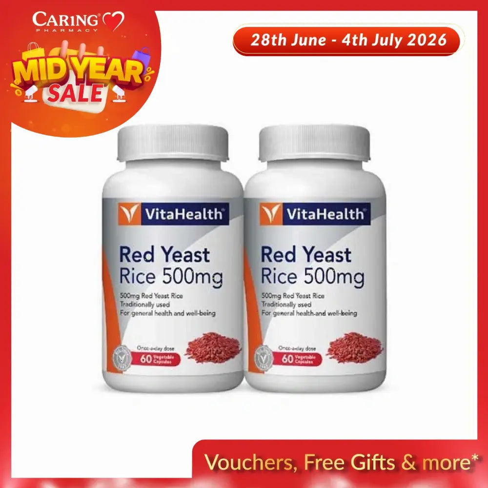 VitaHealth Red Yeast Rice 500mg capsules in two bottles for general health and well-being