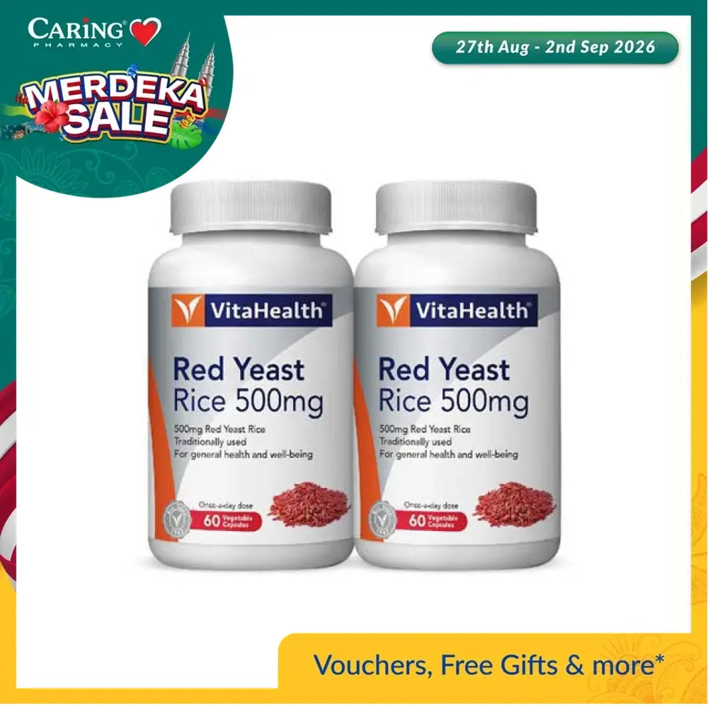 VitaHealth Red Yeast Rice 500mg capsules in two bottles for general health and well-being