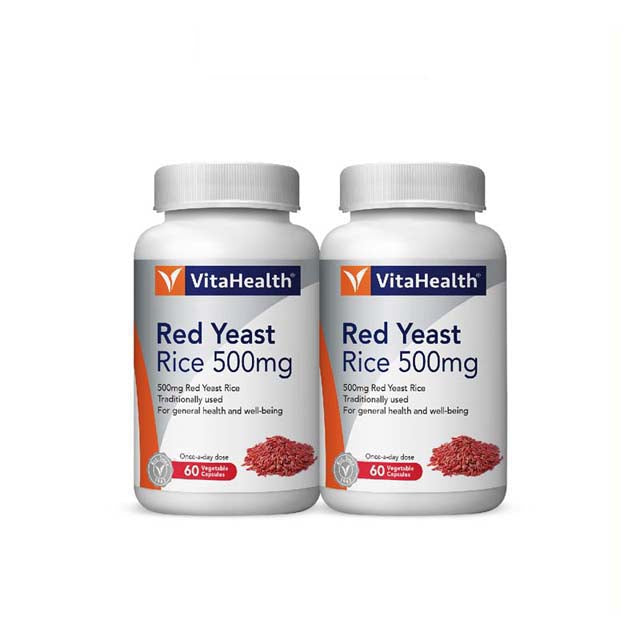 VitaHealth Red Yeast Rice 500mg capsules in two bottles for general health and well-being