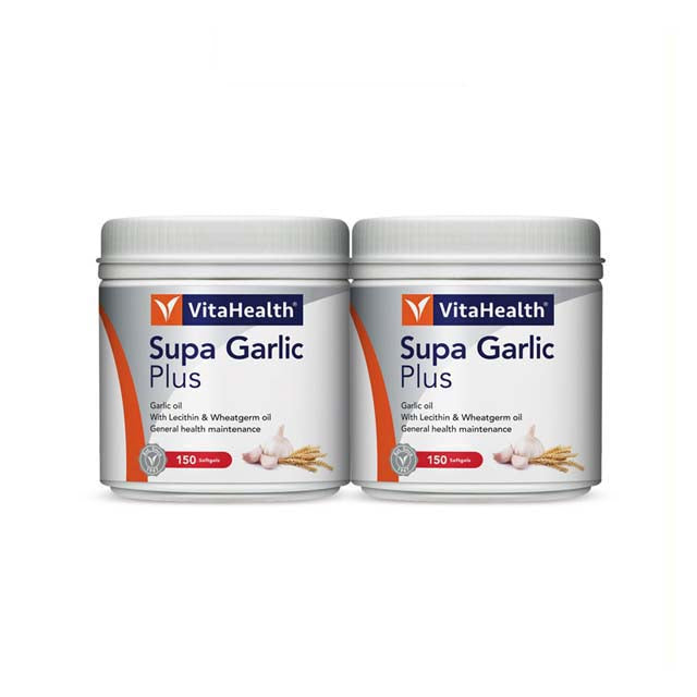 VitaHealth Supa Garlic Plus supplement in two jars for general health maintenance and wellness