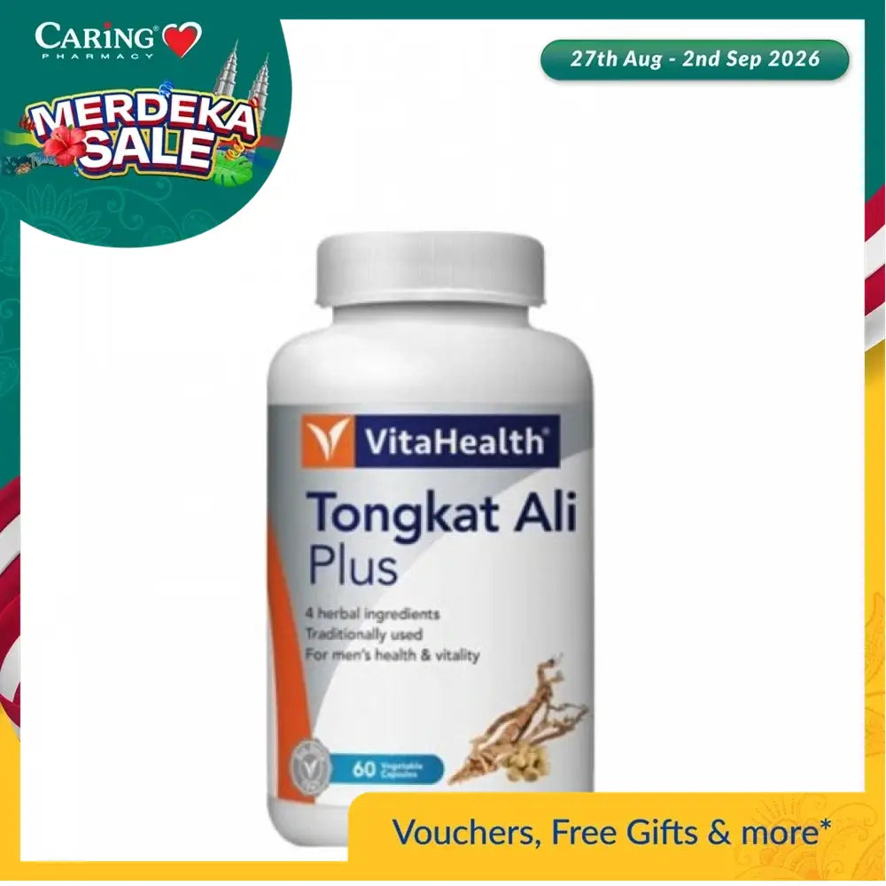 VITA Tongkat Ali supplement for men in a white bottle with 60 capsules for vitality and health