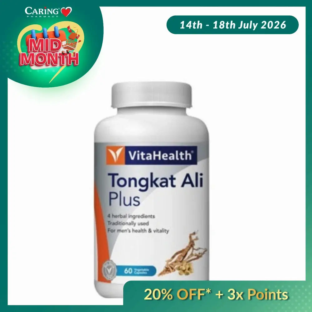 VITA Tongkat Ali supplement for men in a white bottle with 60 capsules for vitality and health