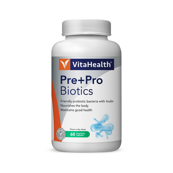 VitaHealth pre and probiotics capsules 60s white bottle of Pre Pro Biotics vegetable capsules for daily digestive support