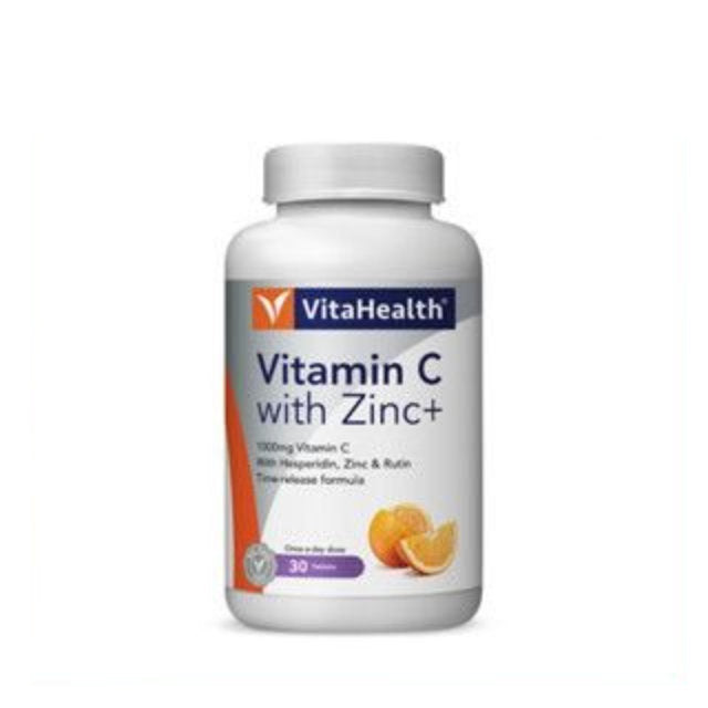 VitaHealth Vitamin C with Zinc bottle, 1000mg Vitamin C, dietary supplement, 30 tablets