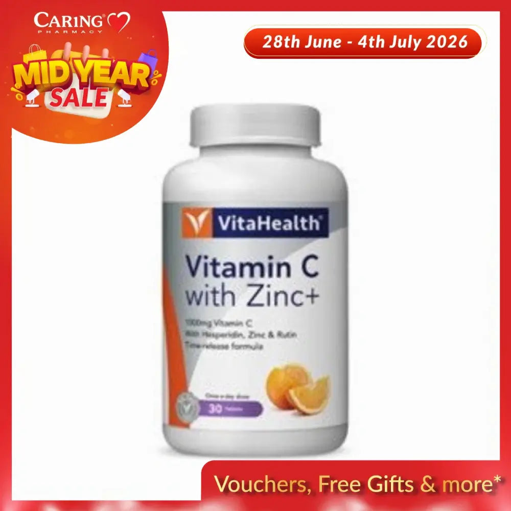 VitaHealth Vitamin C with Zinc bottle, 1000mg Vitamin C, dietary supplement, 30 tablets