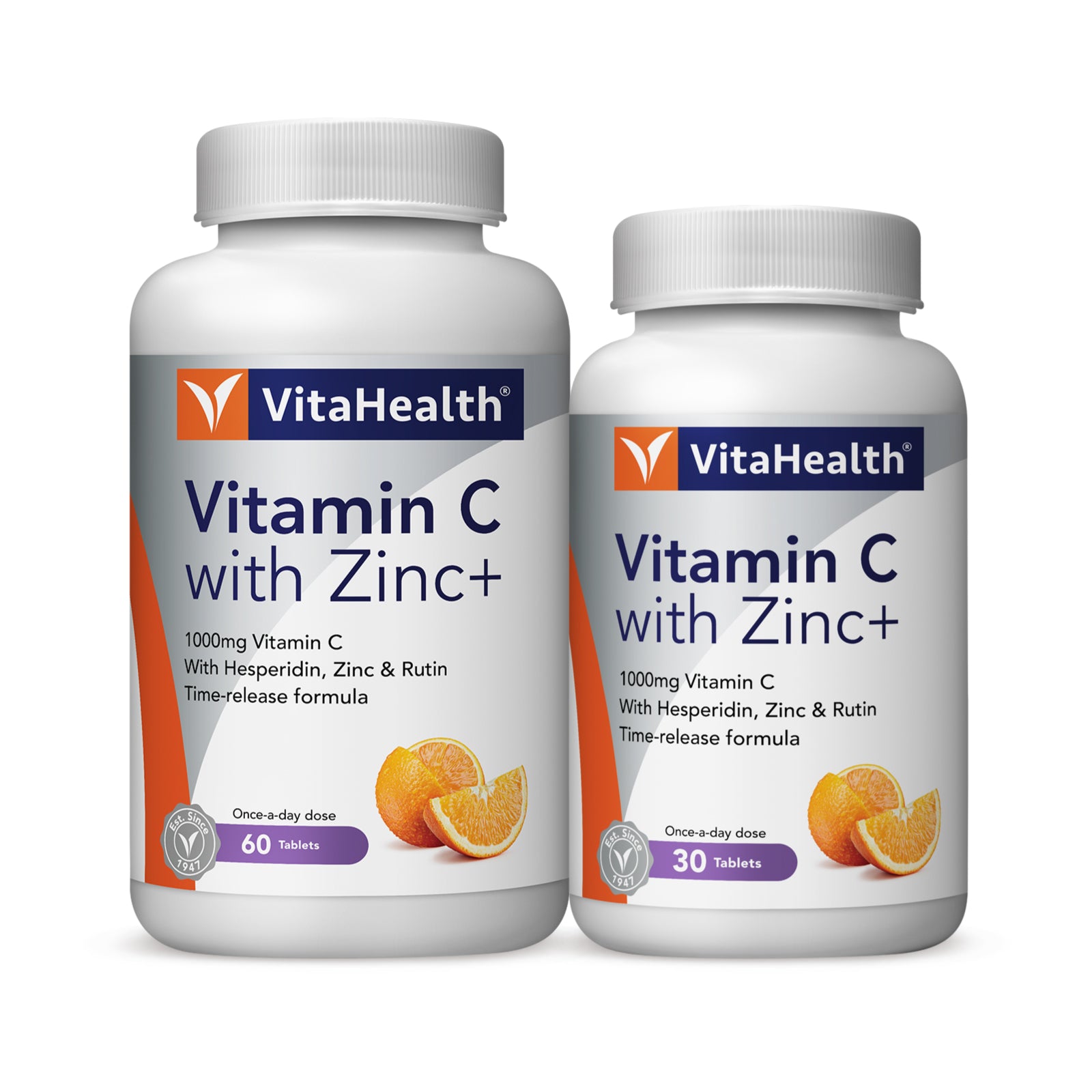 VitaHealth Vitamin C with Zinc tablets in two bottle sizes for immune support and antioxidant protection