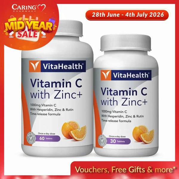 VitaHealth Vitamin C with Zinc tablets in two bottle sizes for immune support and antioxidant protection