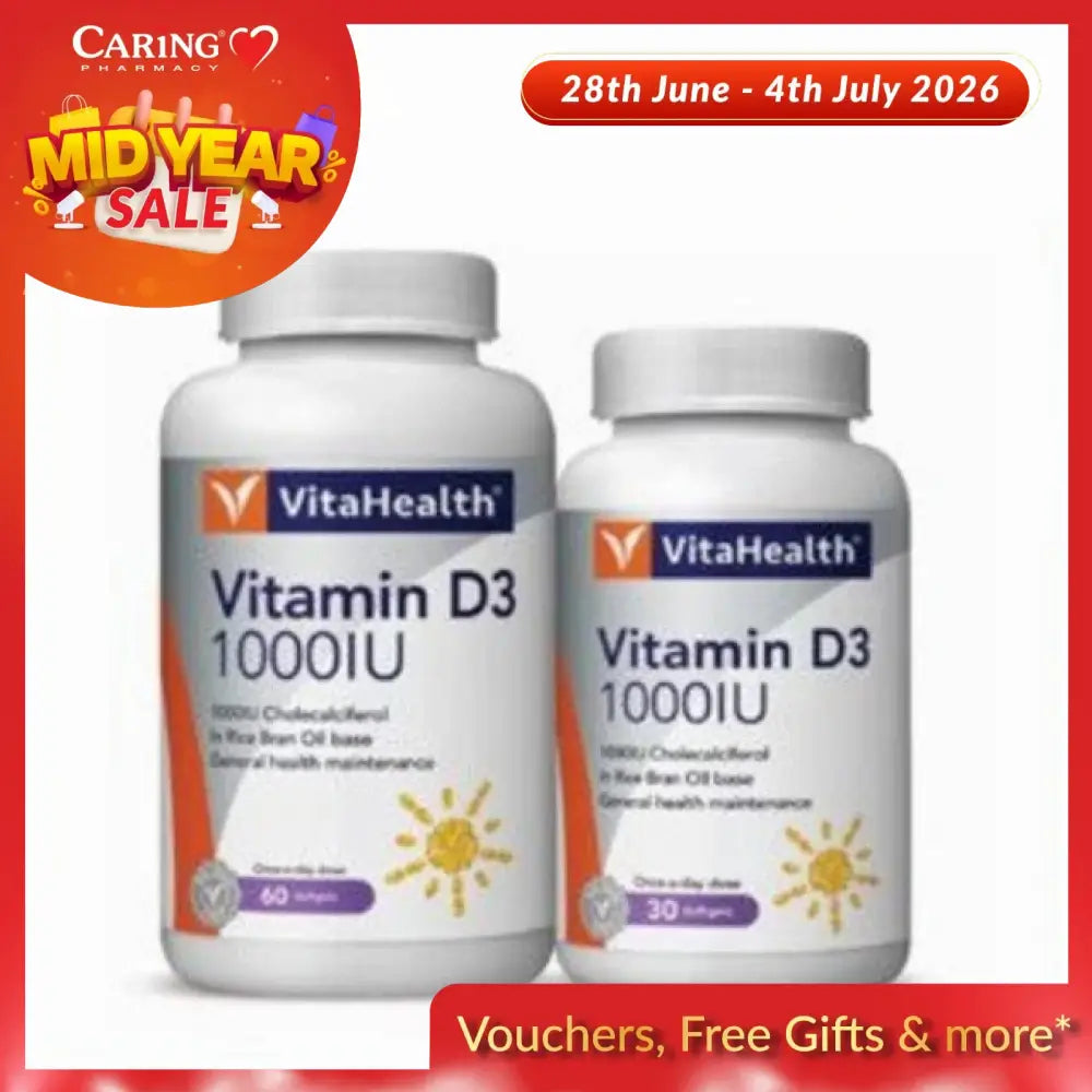 VitaHealth Vitamin D3 1000IU supplement bottles in 60 and 30 capsules for general health maintenance
