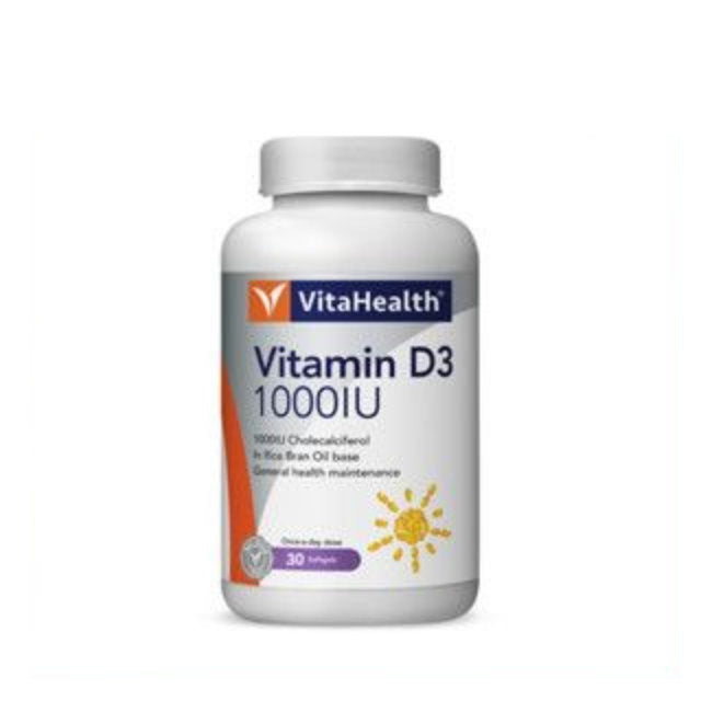 VitaHealth Vitamin D3 1000IU supplement bottle for general health maintenance with 30 softgels