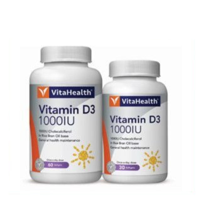 VitaHealth Vitamin D3 1000IU supplement bottles in 60 and 30 capsules for general health maintenance