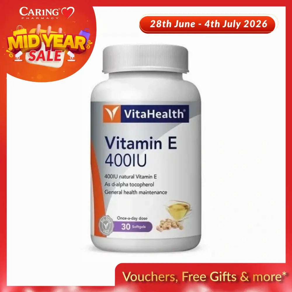 VitaHealth Vitamin E 400IU softgels bottle with 30 capsules for general health maintenance