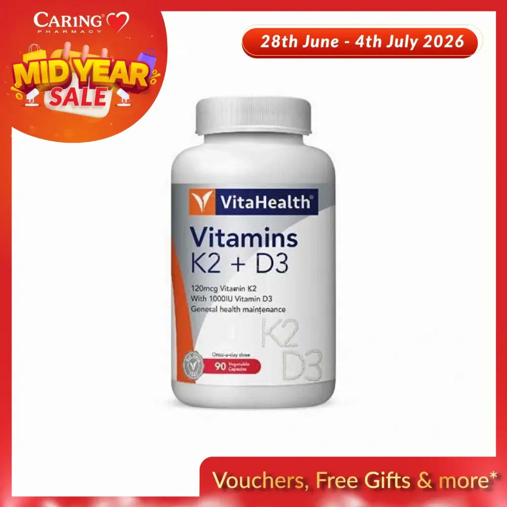 VitaHealth K2 D3 vitamins in a white bottle containing 90 tablets for overall health support