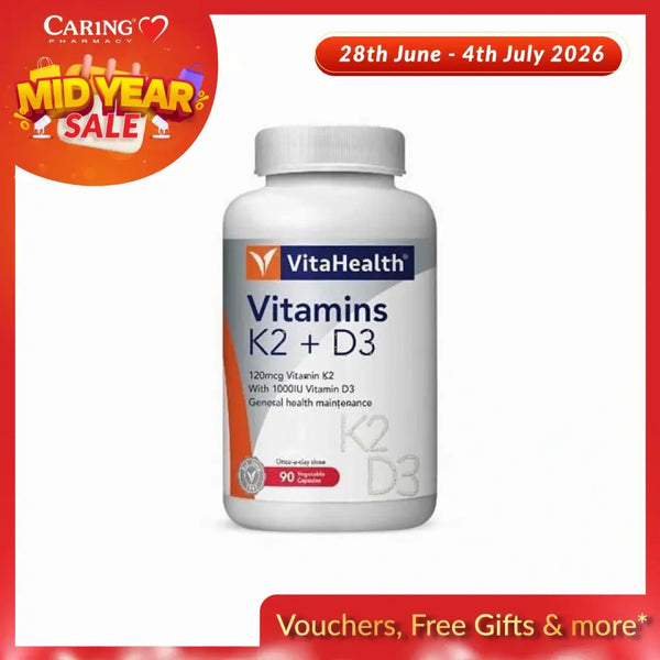 VitaHealth K2 D3 vitamins in a white bottle containing 90 tablets for overall health support