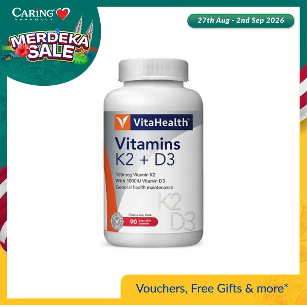 VitaHealth K2 D3 vitamins in a white bottle containing 90 tablets for overall health support