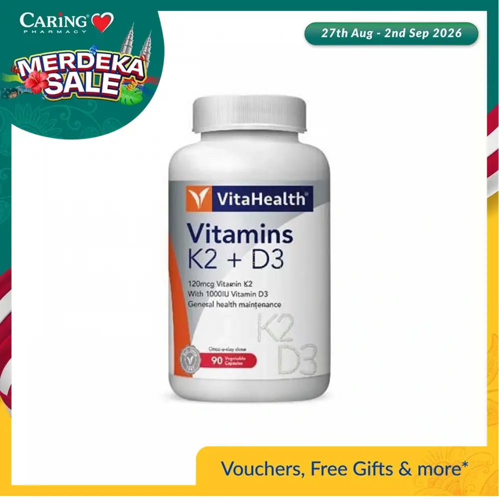 VitaHealth K2 D3 vitamins in a white bottle containing 90 tablets for overall health support