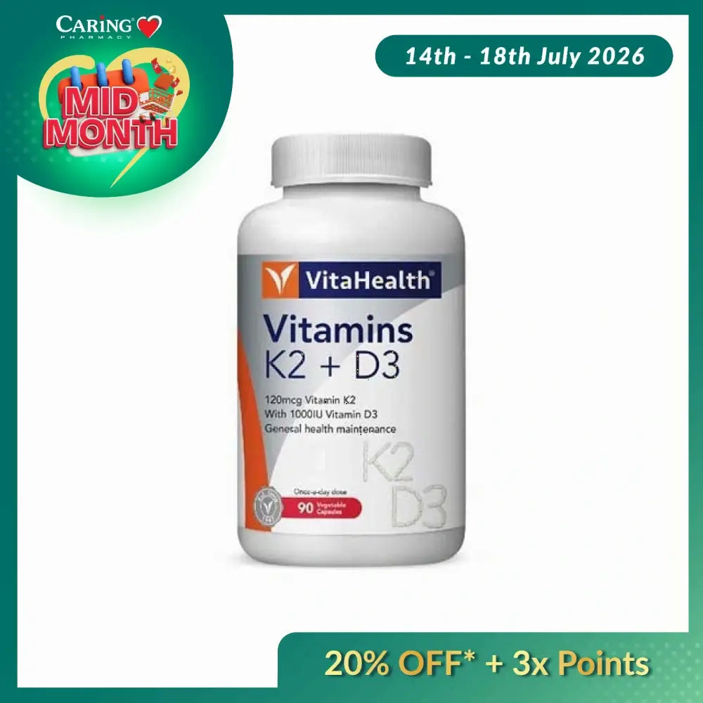 VitaHealth K2 D3 vitamins in a white bottle containing 90 tablets for overall health support