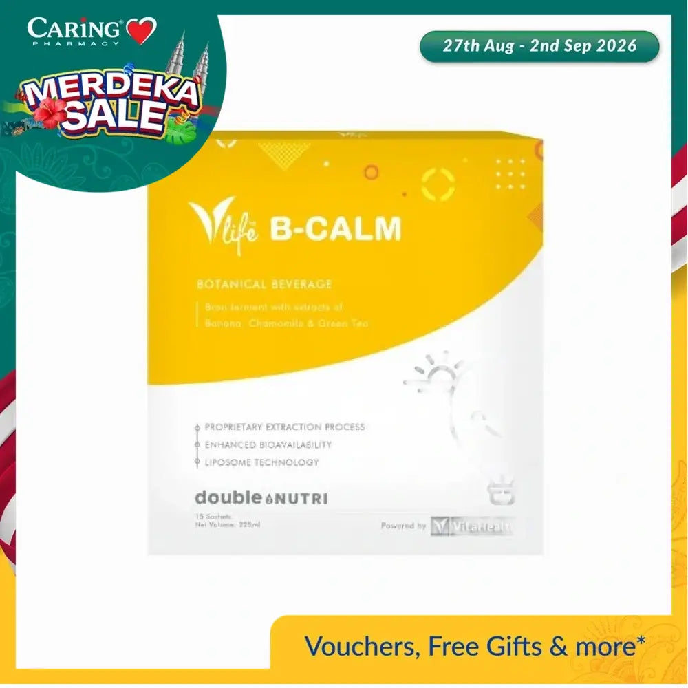VitaHealth VLife B-Calm supplement box featuring a botanical beverage with chamomile and green tea