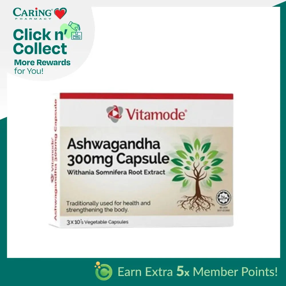 Vitamode Ashwagandha Capsules 300mg packaging featuring a tree design illustrating health benefits