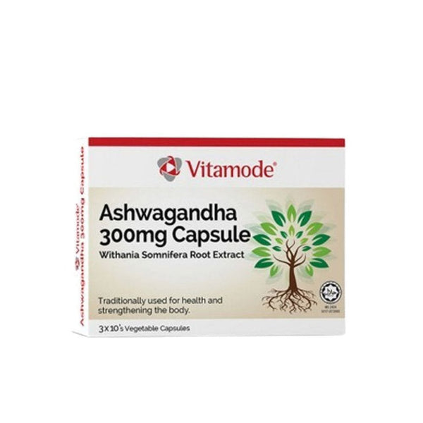 Vitamode Ashwagandha Capsules 300mg packaging featuring a tree design illustrating health benefits