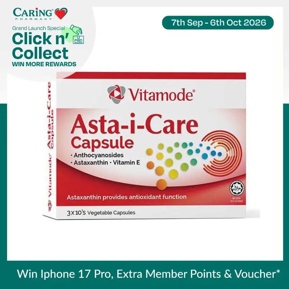 Vitamode Asta I Care capsules box with antioxidant formula including Astaxanthin and Vitamin E