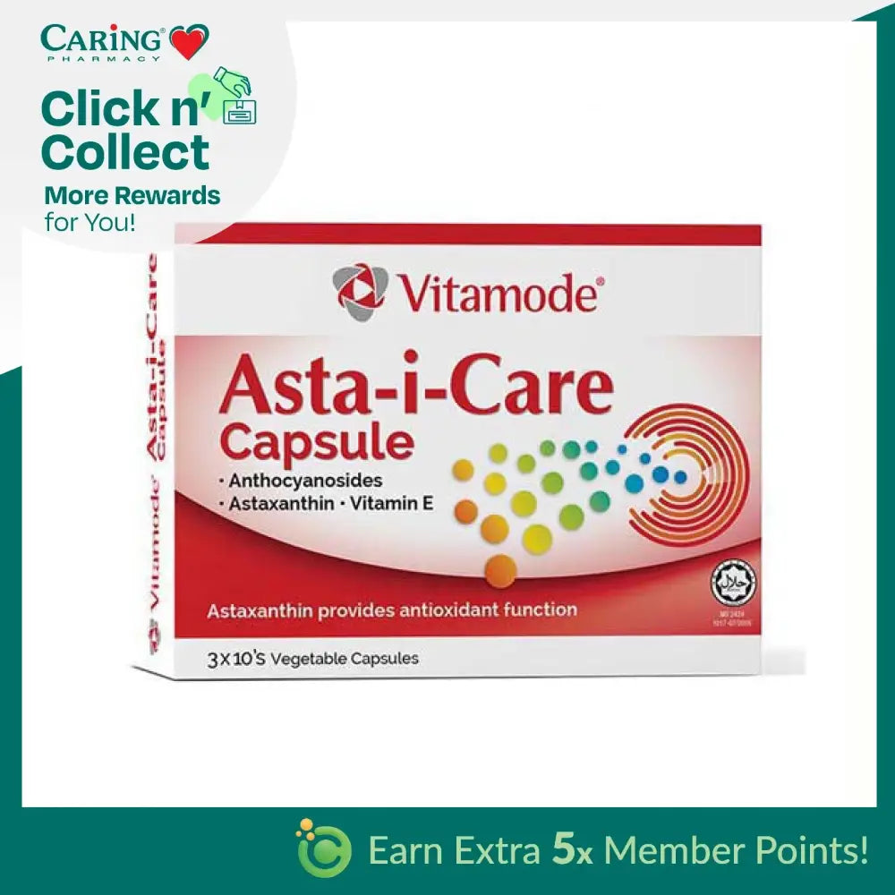 Vitamode Asta I Care capsules box with antioxidant formula including Astaxanthin and Vitamin E