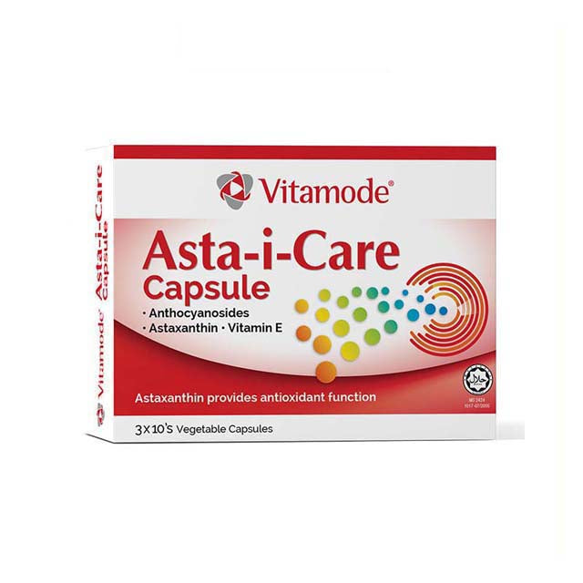 Vitamode Asta I Care capsules box with antioxidant formula including Astaxanthin and Vitamin E