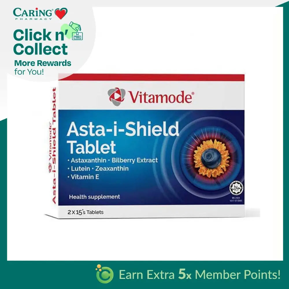 Vitamode Asta-i-Shield supplement box featuring Astaxanthin, Bilberry Extract, Lutein, Zeaxanthin, and Vitamin E