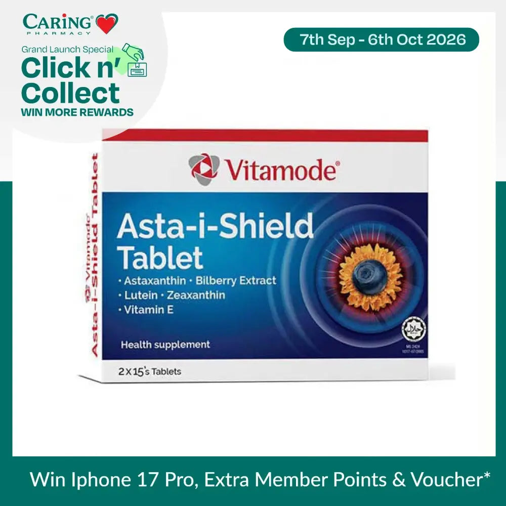 Vitamode Asta-i-Shield supplement box featuring Astaxanthin, Bilberry Extract, Lutein, Zeaxanthin, and Vitamin E