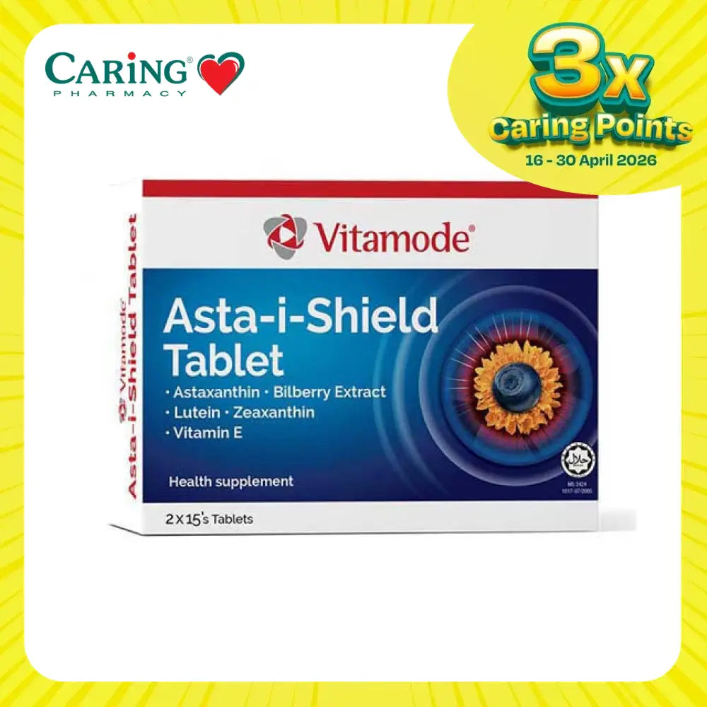 Vitamode Asta-i-Shield supplement box featuring Astaxanthin, Bilberry Extract, Lutein, Zeaxanthin, and Vitamin E